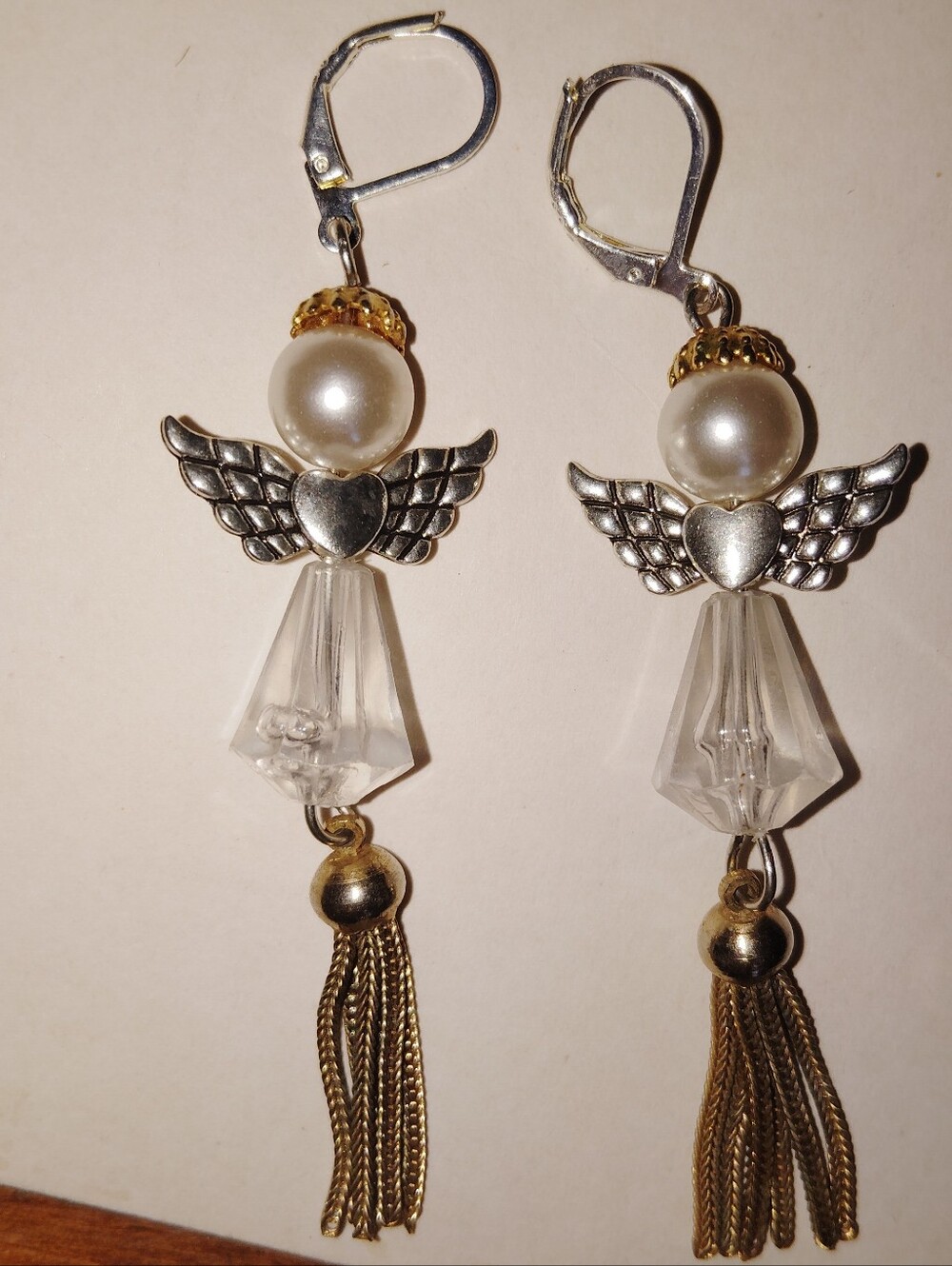 Pearl Angel Wing Tassel Earrings - White & Gold Wire Pierced Secure Clasp - Picture 3 of 4